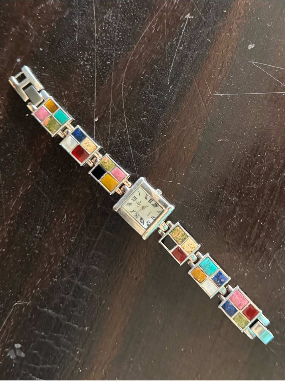 Aria Sterling Multicolor Square Stone Inlay Bracelet Watch, MOP Watch Face